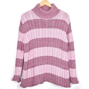 Vintage Cotton Ginny Plus Pink  Rose Striped Cable Knit Turtleneck Medium